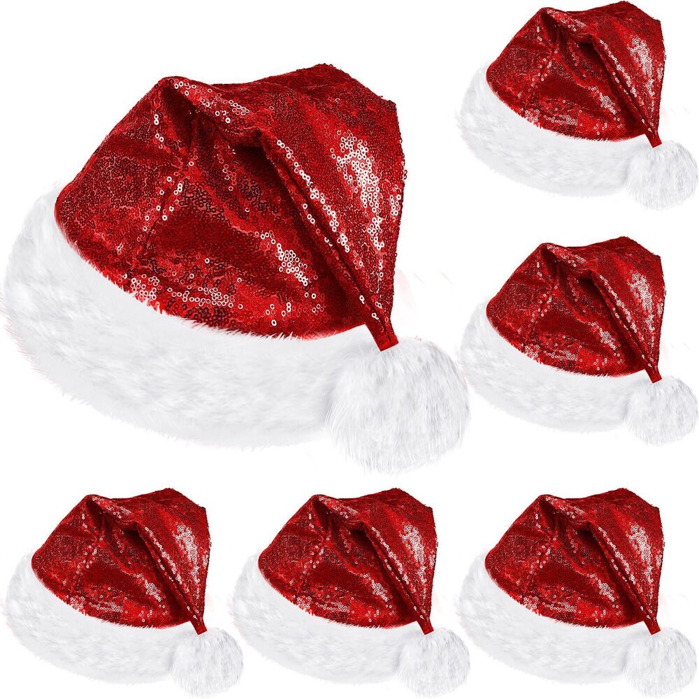 2392 6 Pcs Christmas Santa Hat Claus Xmas Hat for Adults Unisex with Lining